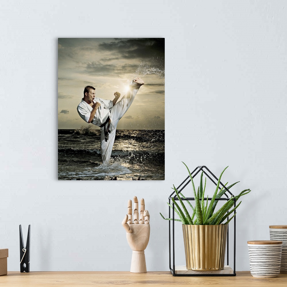 A bohemian room featuring Man doing karate kick in the ocean