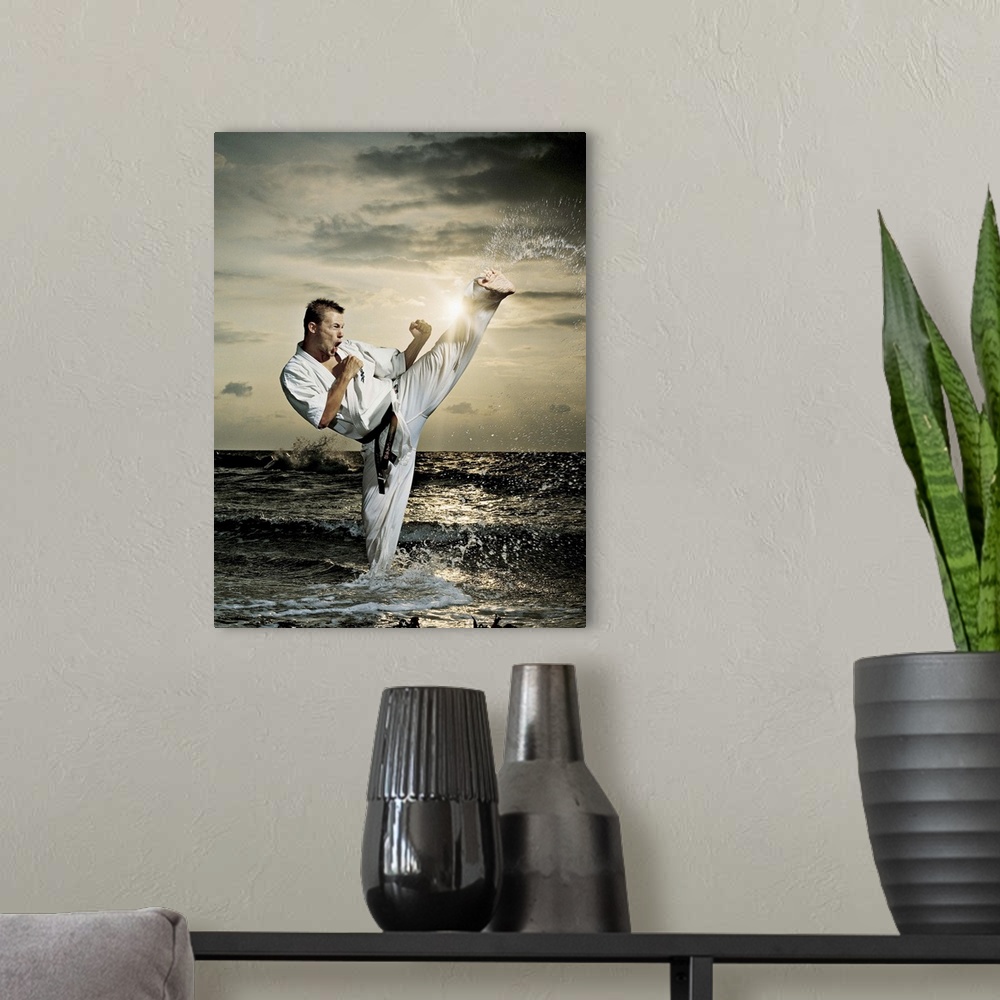 A modern room featuring Man doing karate kick in the ocean