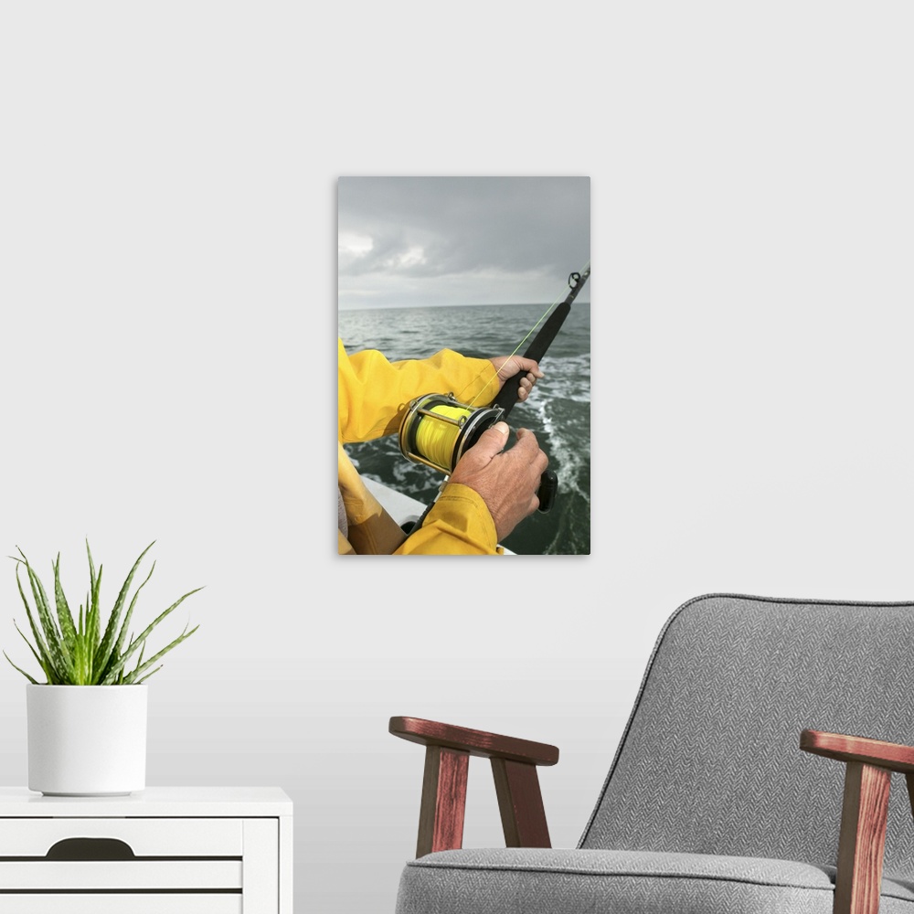 A modern room featuring Man fishing from boat
