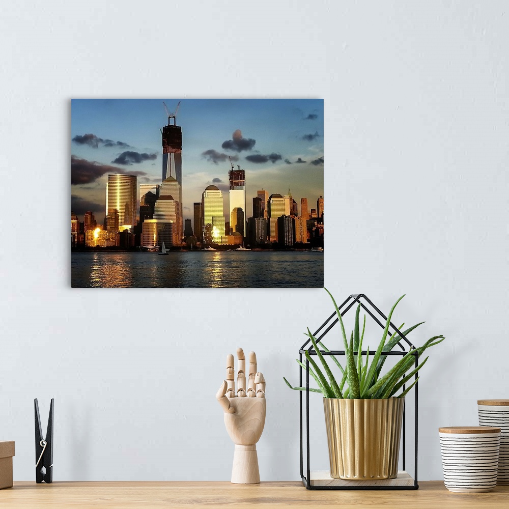 A bohemian room featuring Picture of Manhattan, NY at sunset from Jersey City, NJ