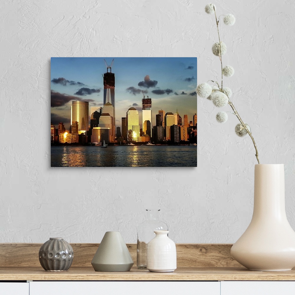 A farmhouse room featuring Picture of Manhattan, NY at sunset from Jersey City, NJ
