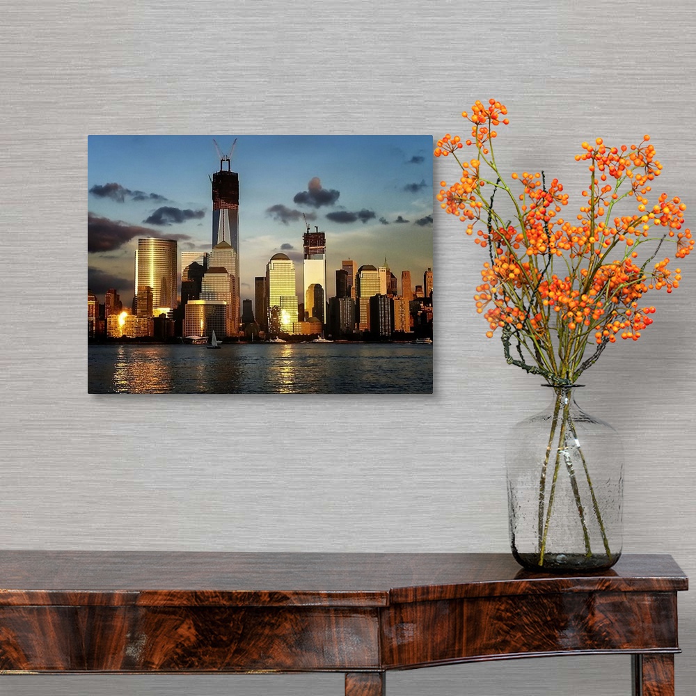 A traditional room featuring Picture of Manhattan, NY at sunset from Jersey City, NJ