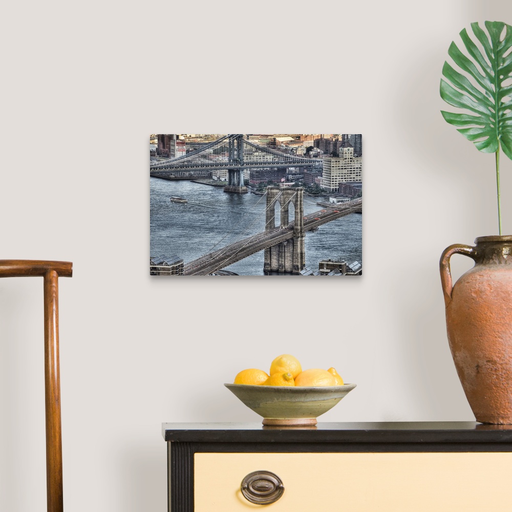 A traditional room featuring Brooklyn and Manhattan Bridges and DUMBO area in Brooklyn.