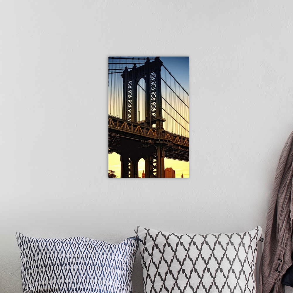 A bohemian room featuring Manhatten Bridge Brooklyn, New York City sunset.