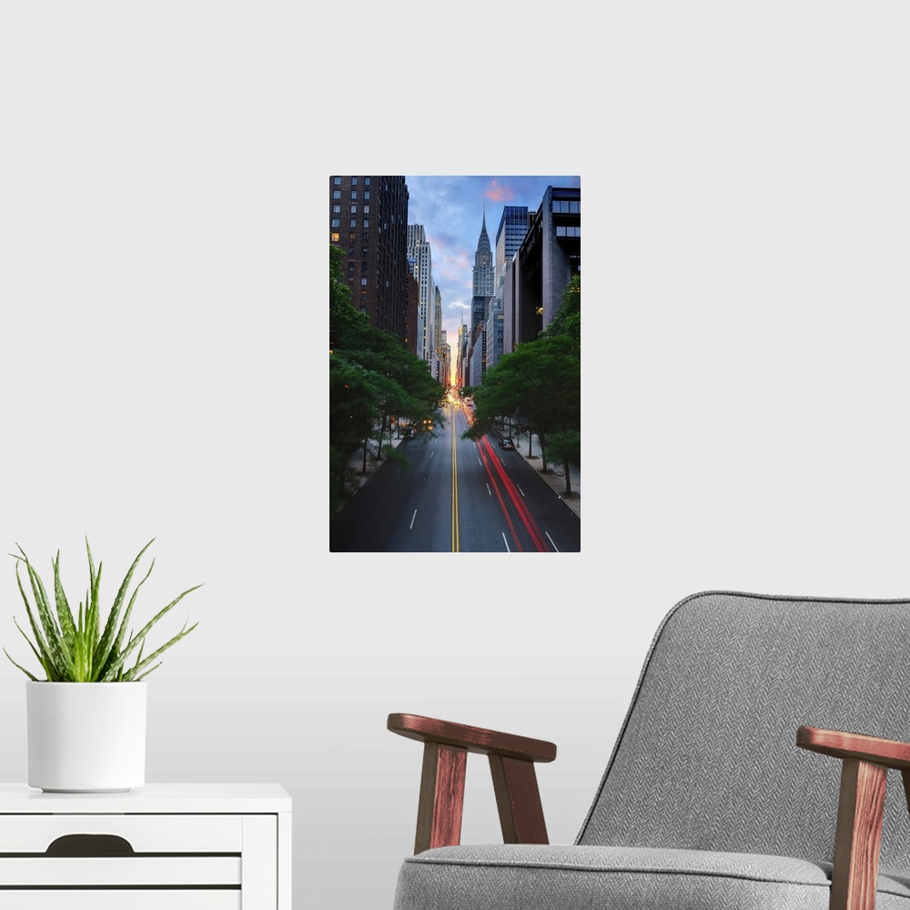 A modern room featuring Manhattanhenge is the name given to the days when the sun sets (or rises) exactly along the Manha...