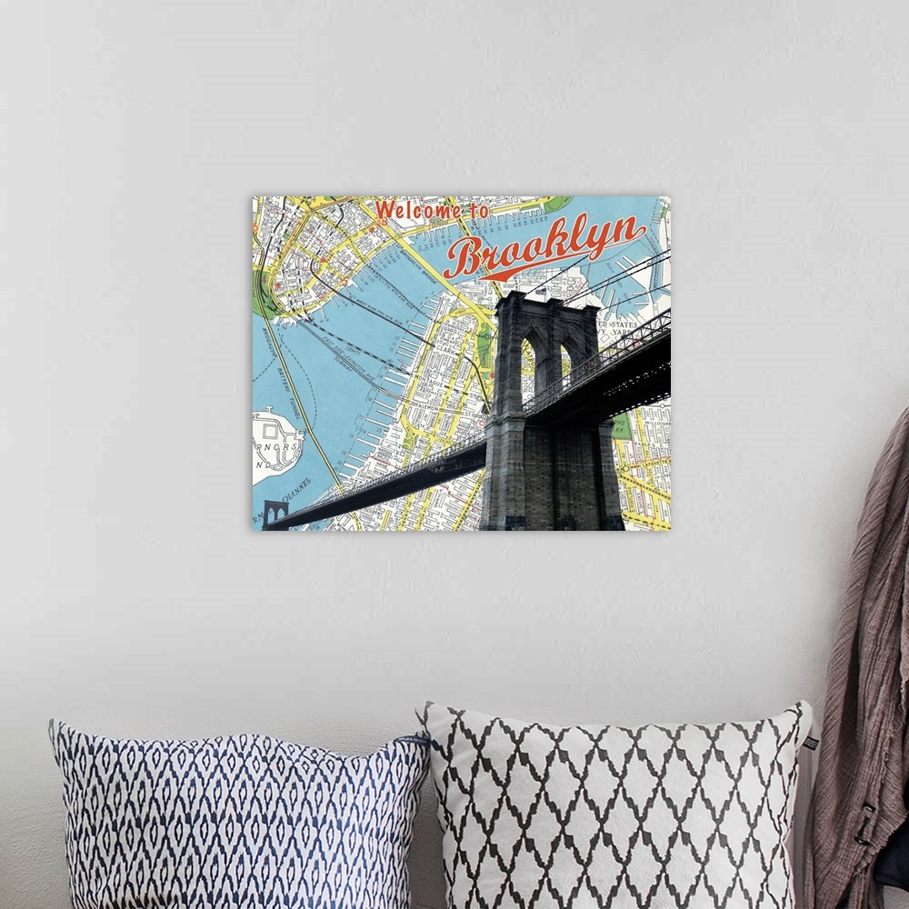 A bohemian room featuring Map of Brooklyn and bridge, NYC