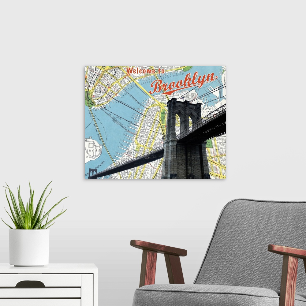 A modern room featuring Map of Brooklyn and bridge, NYC