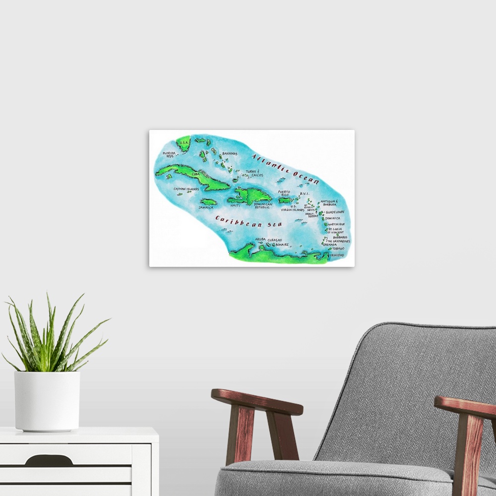 A modern room featuring Map of Caribbean Islands