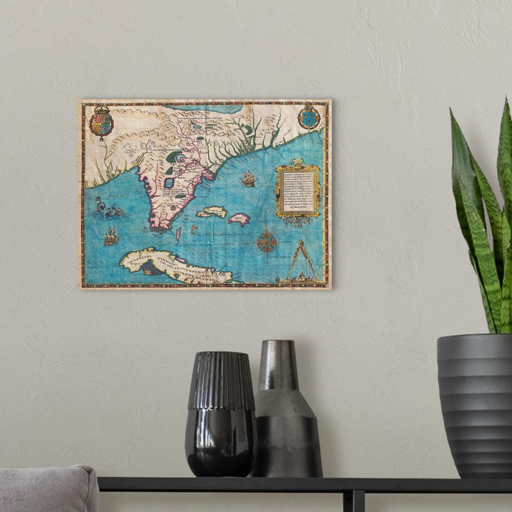A modern room featuring Considered the most important 16th century map of Florida and Cuba. Titled Floridae Americae Prov...