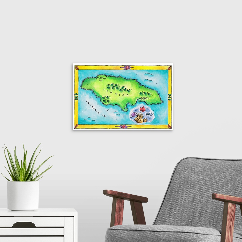 A modern room featuring Map of Jamaica