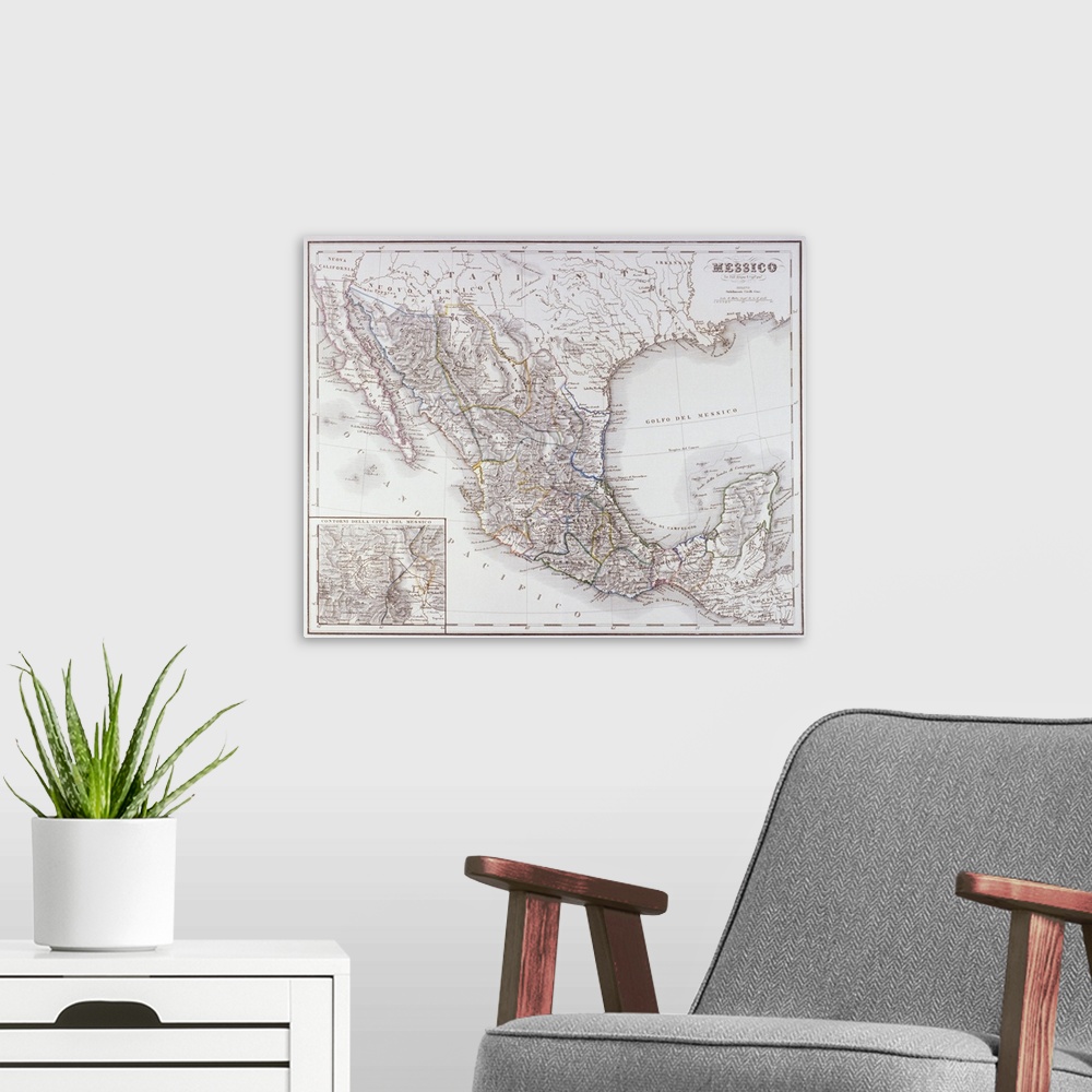 A modern room featuring Map of Mexico and Outlines of Mexico City