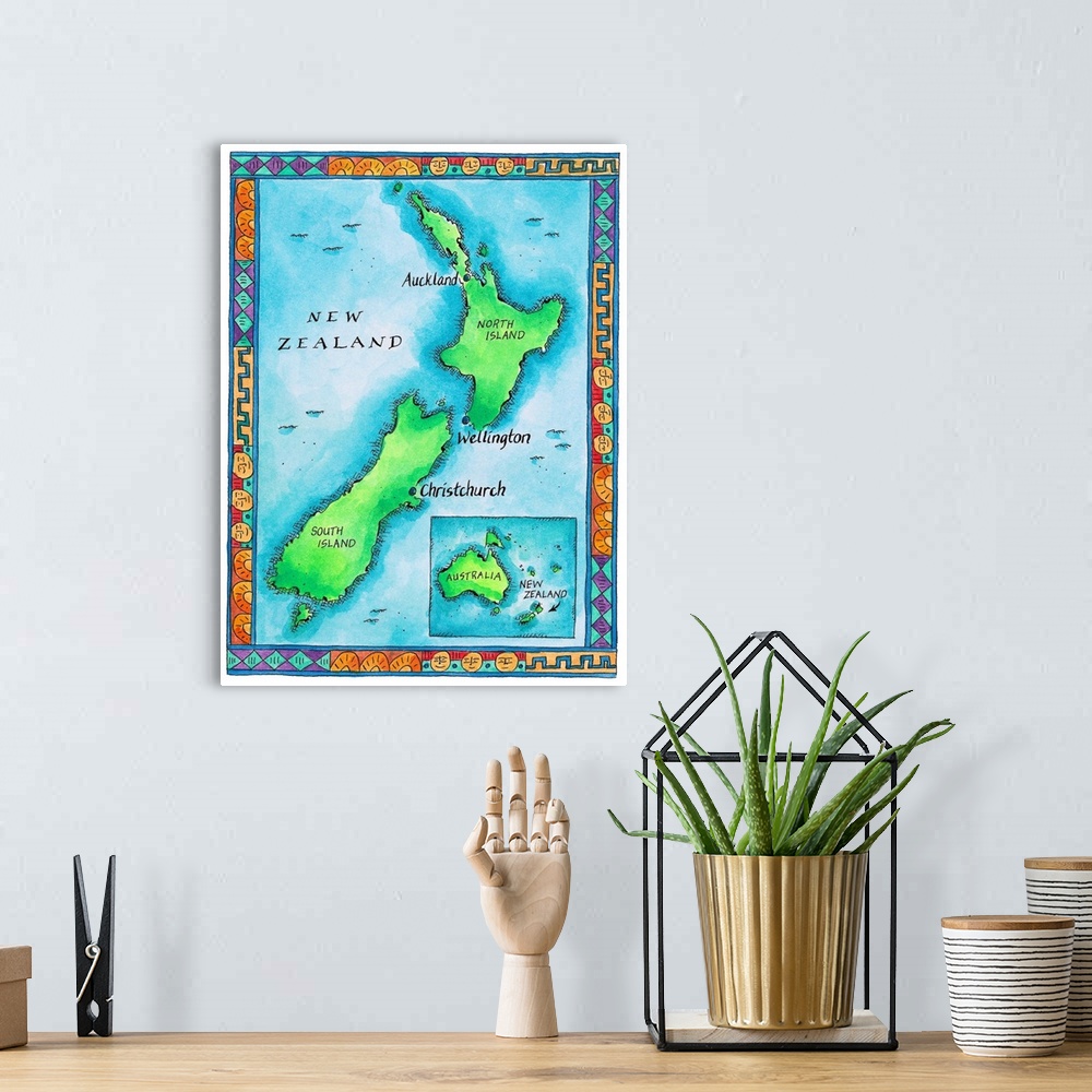 A bohemian room featuring Map of New Zealand