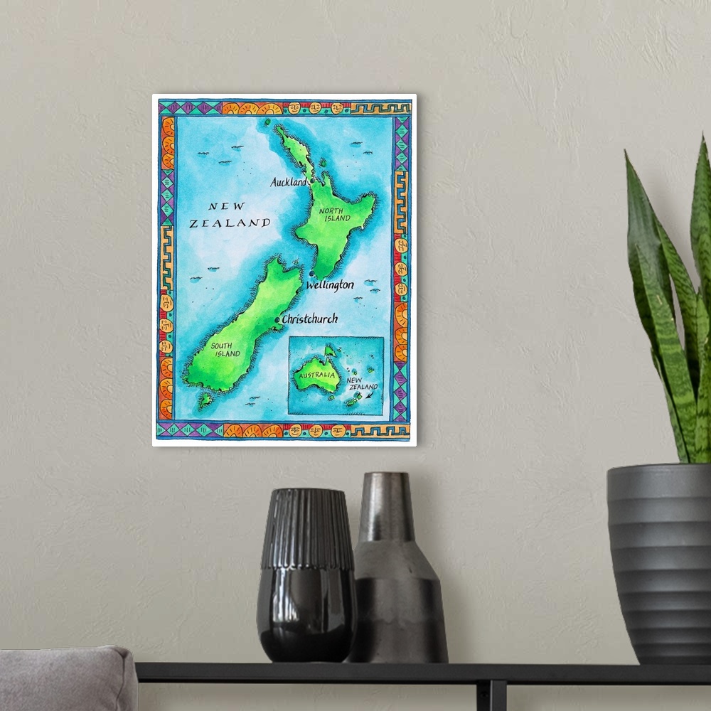 A modern room featuring Map of New Zealand