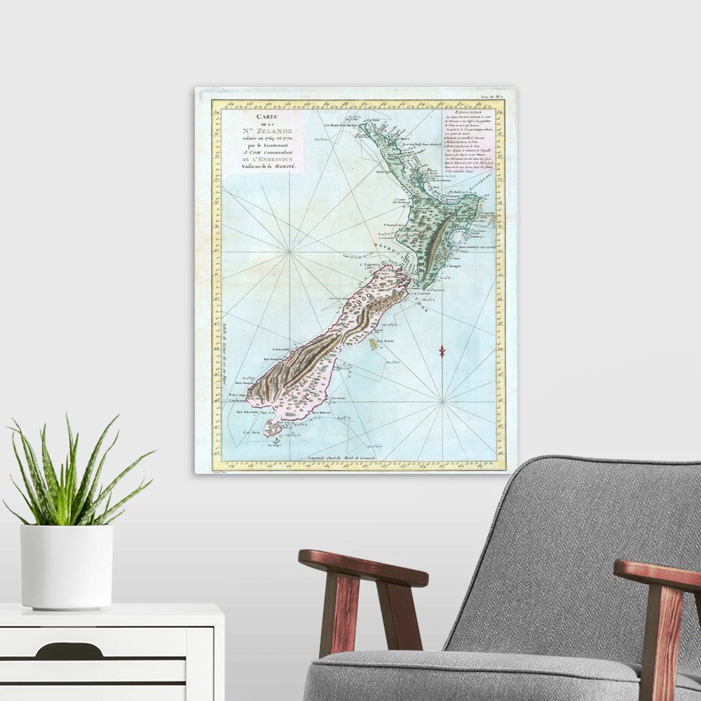 A modern room featuring French copy of Cook's first map of New Zealand, showing the route of the Endeavour around the isl...