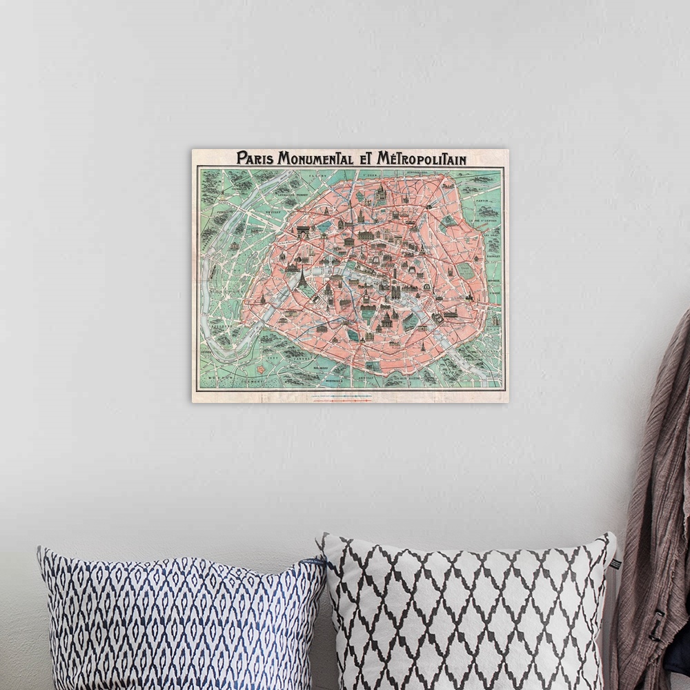 A bohemian room featuring Paris Monumental et Metropolitain, a 1932 tourist map of Paris with all major monuments and the t...