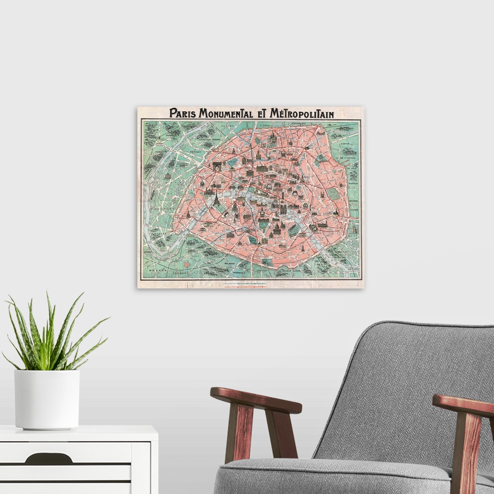 A modern room featuring Paris Monumental et Metropolitain, a 1932 tourist map of Paris with all major monuments and the t...
