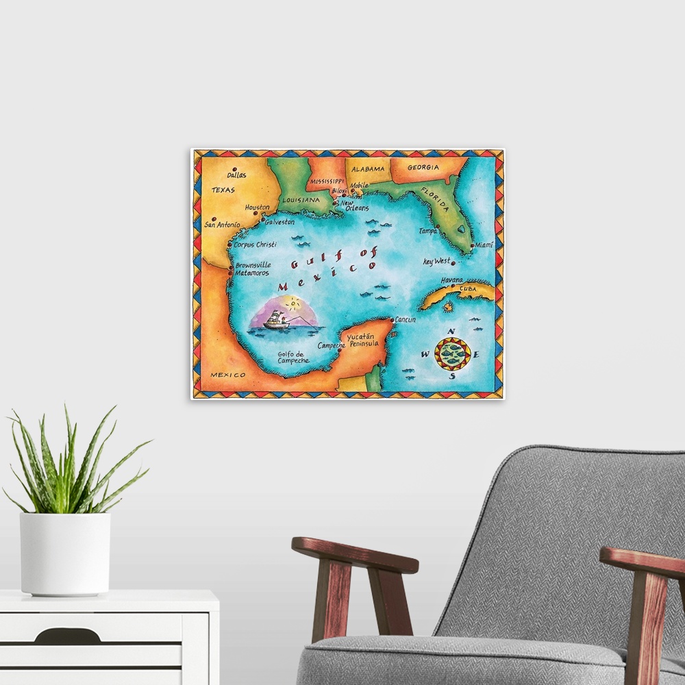 A modern room featuring Map of the Gulf of Mexico