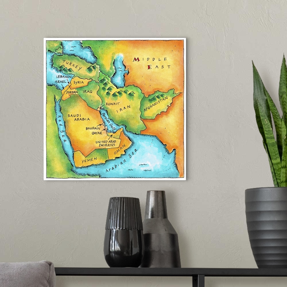 A modern room featuring Map of the Middle East