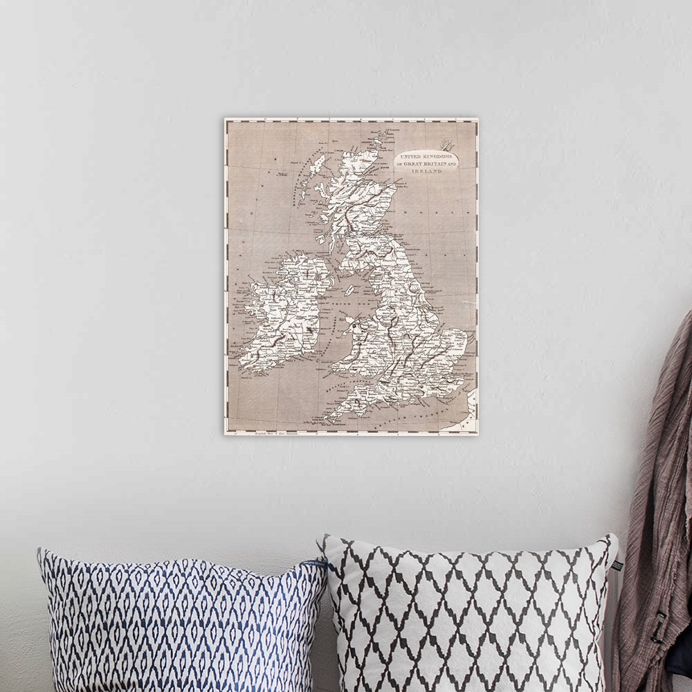 A bohemian room featuring Map of the United Kingdoms of Great Britain and Ireland.
