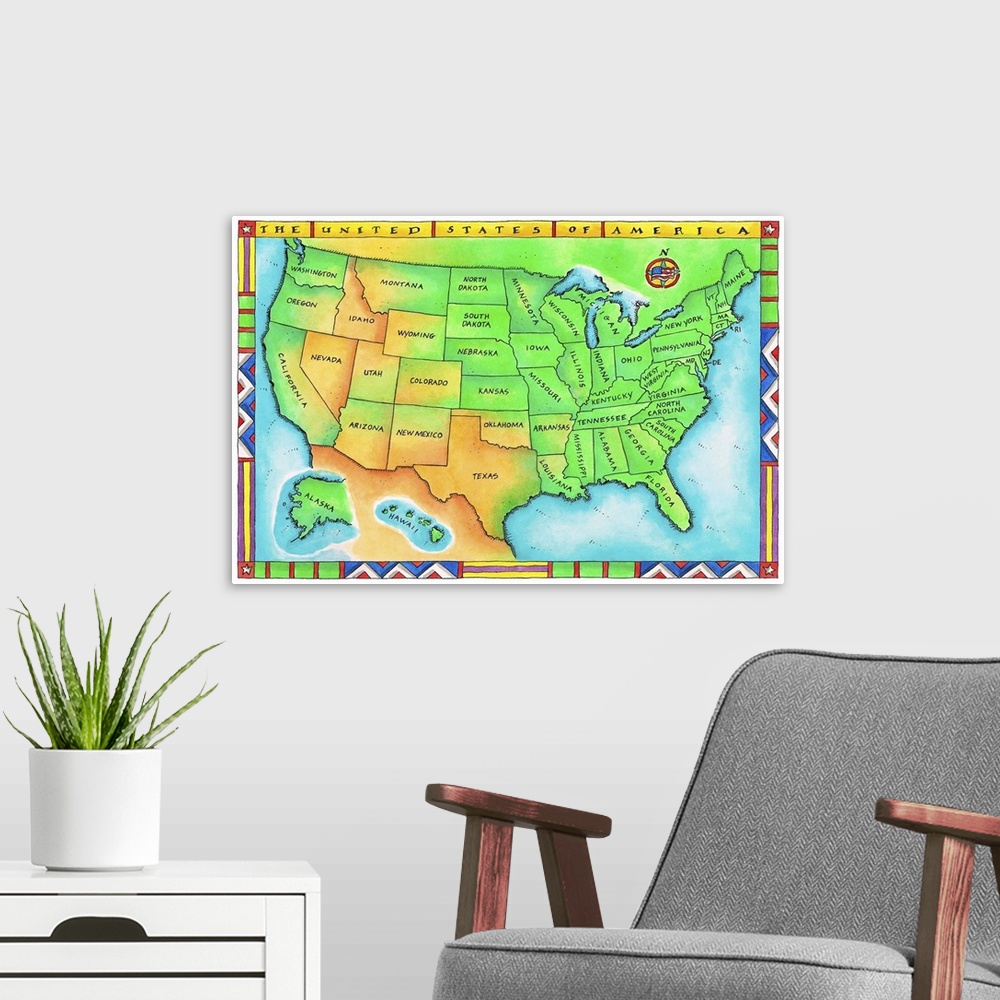 A modern room featuring Map of the USA