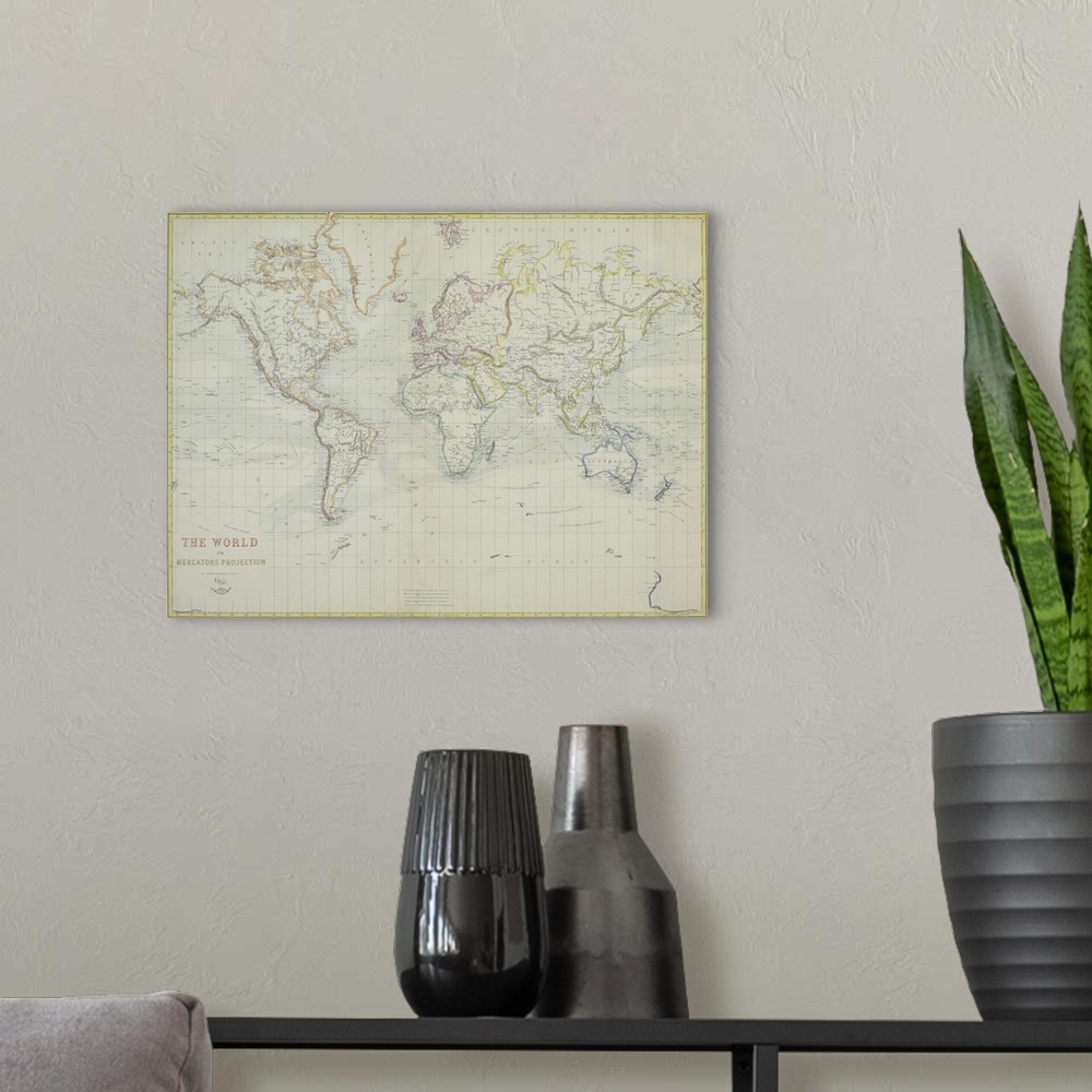 A modern room featuring Big horizontal wall hanging of a detailed map of the world on a light, neutral background.