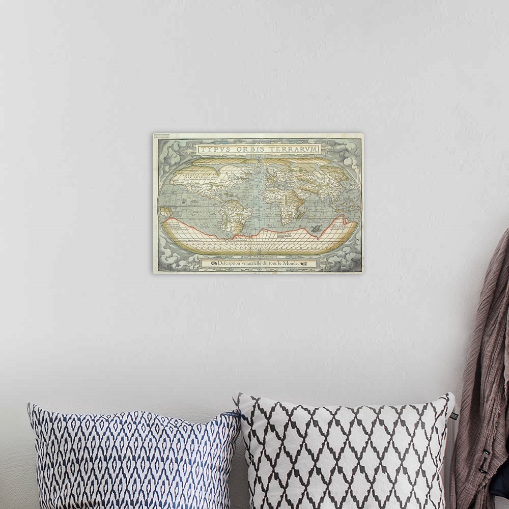 A bohemian room featuring Huge illustration shows a detailed antique world map in Latin that includes labels for lots of co...