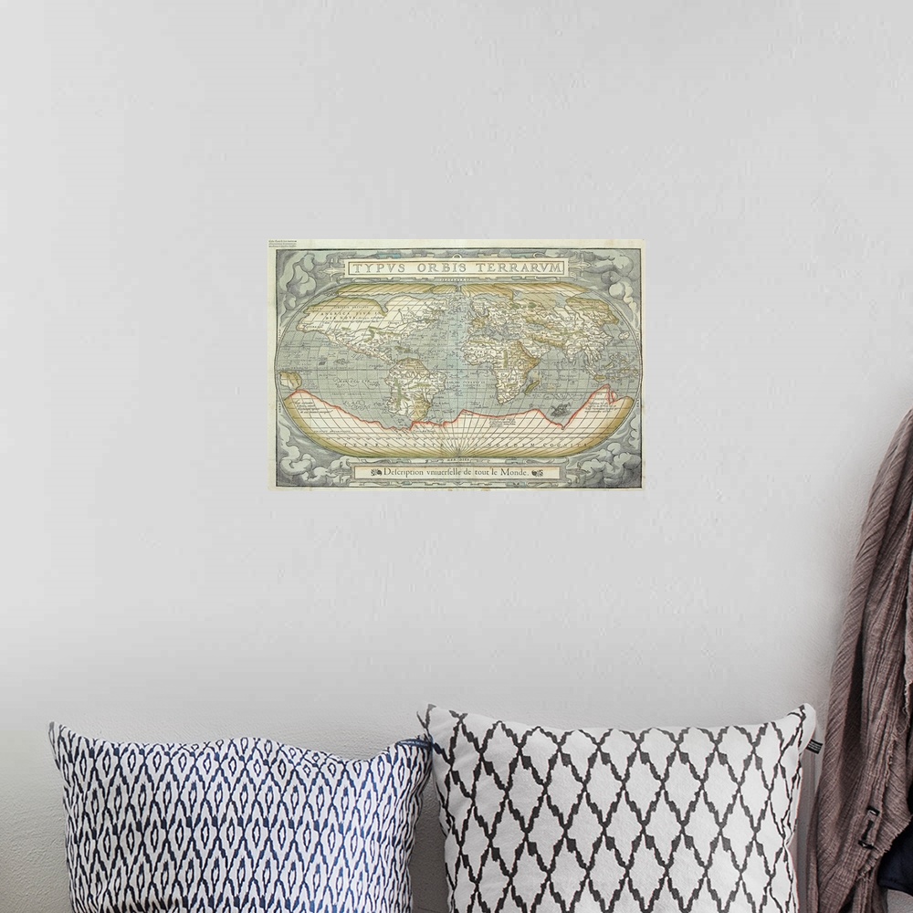 A bohemian room featuring Huge illustration shows a detailed antique world map in Latin that includes labels for lots of co...
