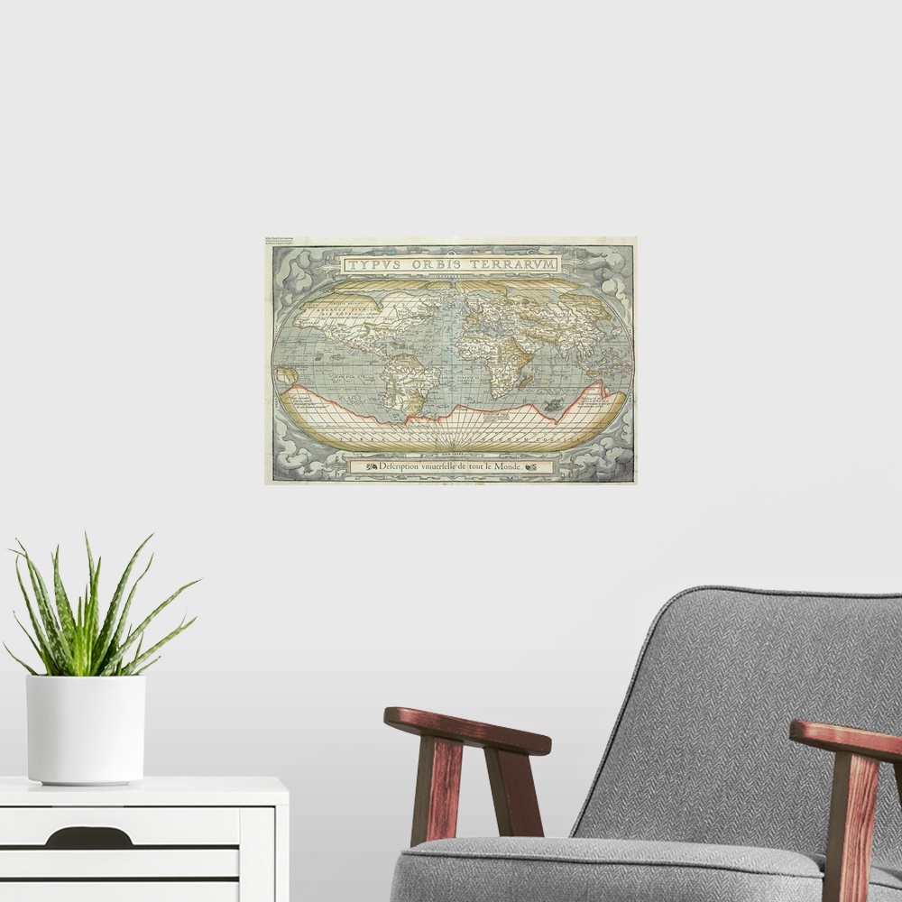 A modern room featuring Huge illustration shows a detailed antique world map in Latin that includes labels for lots of co...