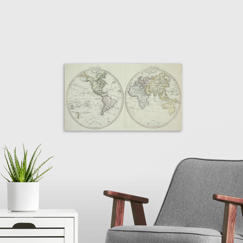 A modern room featuring Map of the world