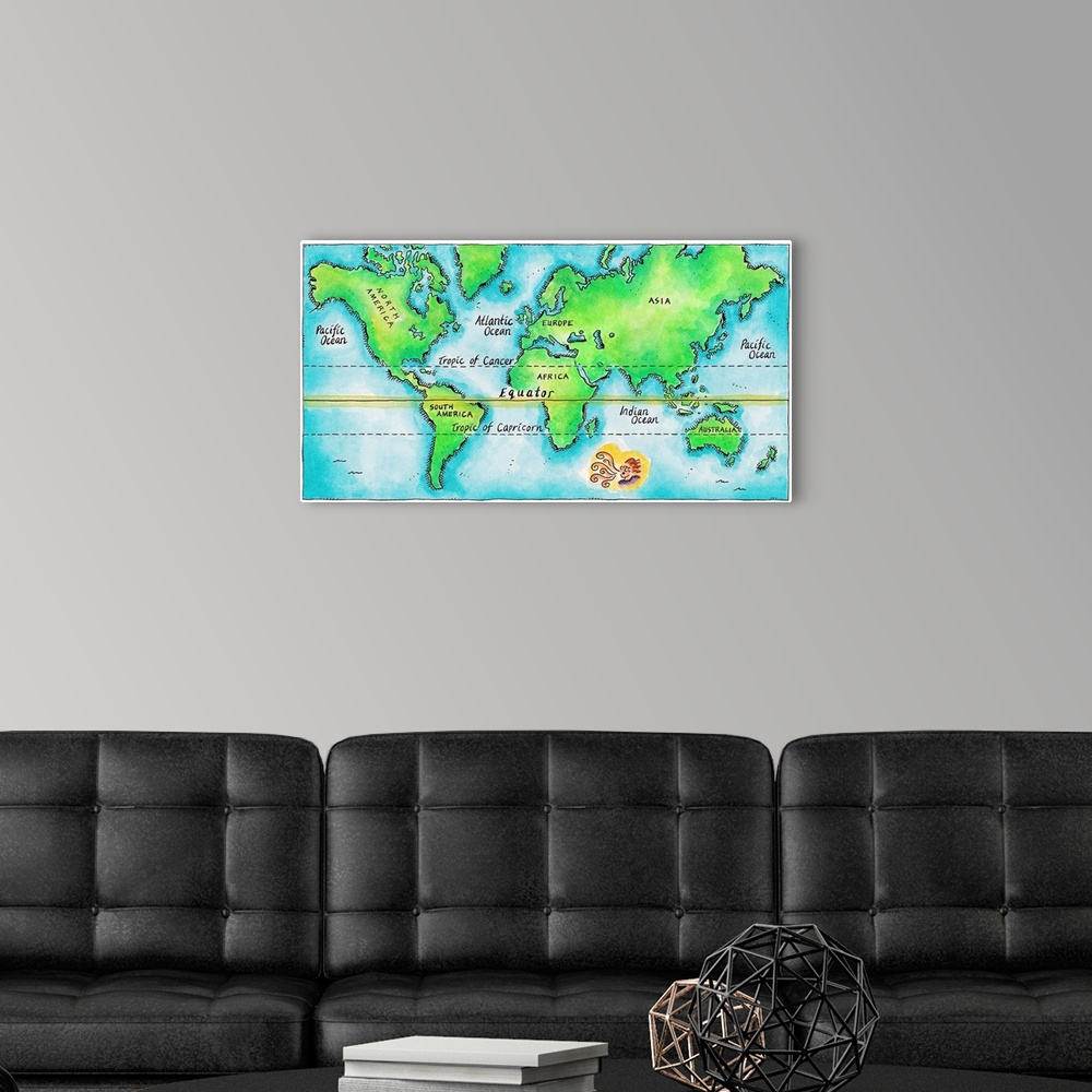 A modern room featuring Map of the World