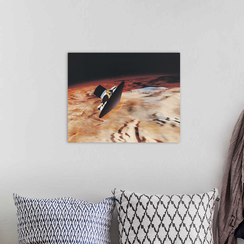 A bohemian room featuring Mars piloted vehicle performing an aerobrake maneuver over Mars (Computer Generated Image)