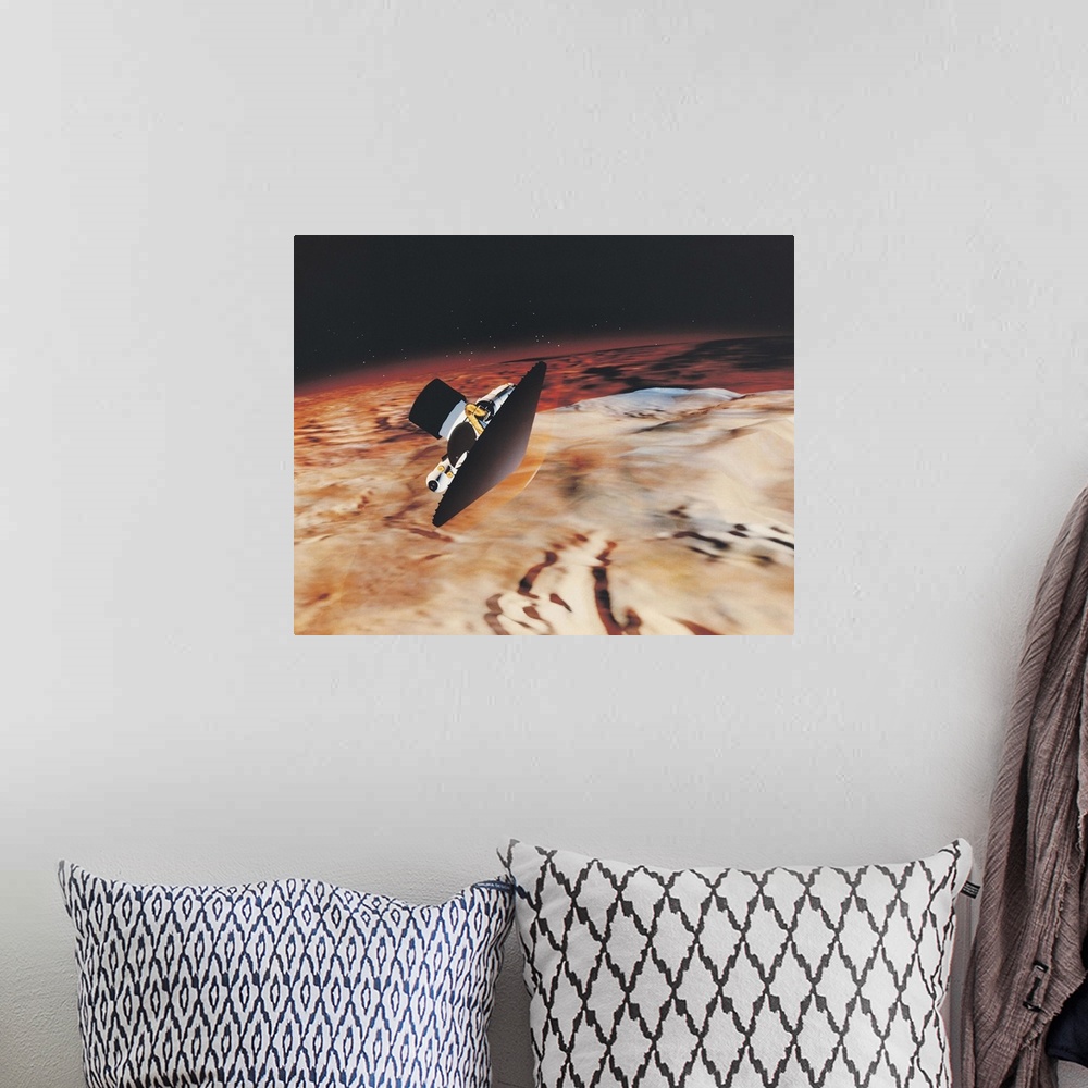 A bohemian room featuring Mars piloted vehicle performing an aerobrake maneuver over Mars (Computer Generated Image)