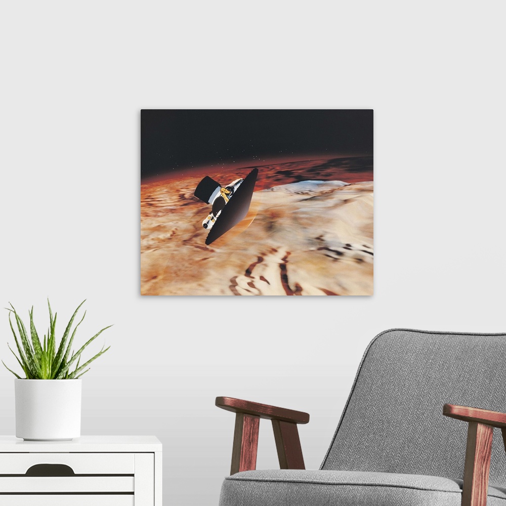 A modern room featuring Mars piloted vehicle performing an aerobrake maneuver over Mars (Computer Generated Image)