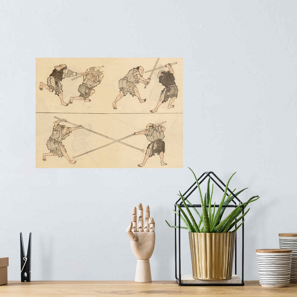 A bohemian room featuring Sketch of martial artists fighting from The Hokusai Manga (Random Sketches by Hokusai), a collect...