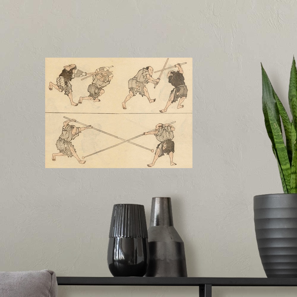 A modern room featuring Sketch of martial artists fighting from The Hokusai Manga (Random Sketches by Hokusai), a collect...