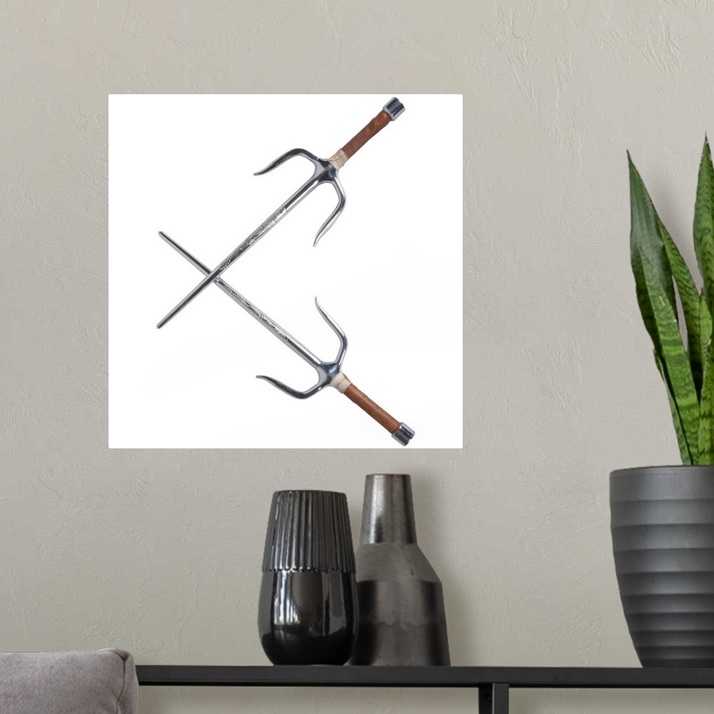 A modern room featuring Martial arts weapons