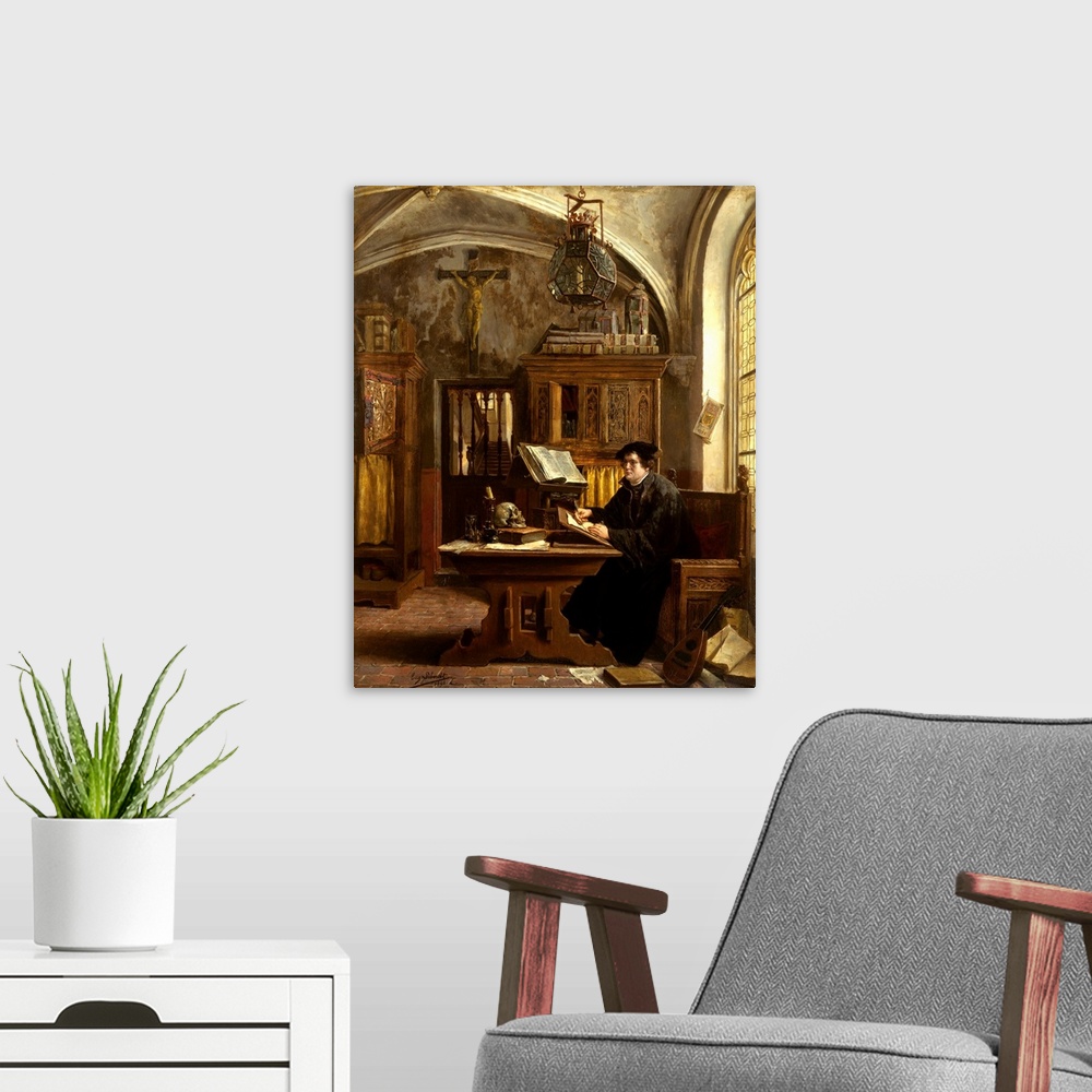 A modern room featuring Martin Luther Translating The Bible, Wartburg Castle, 1521 By Eugene Siberdt