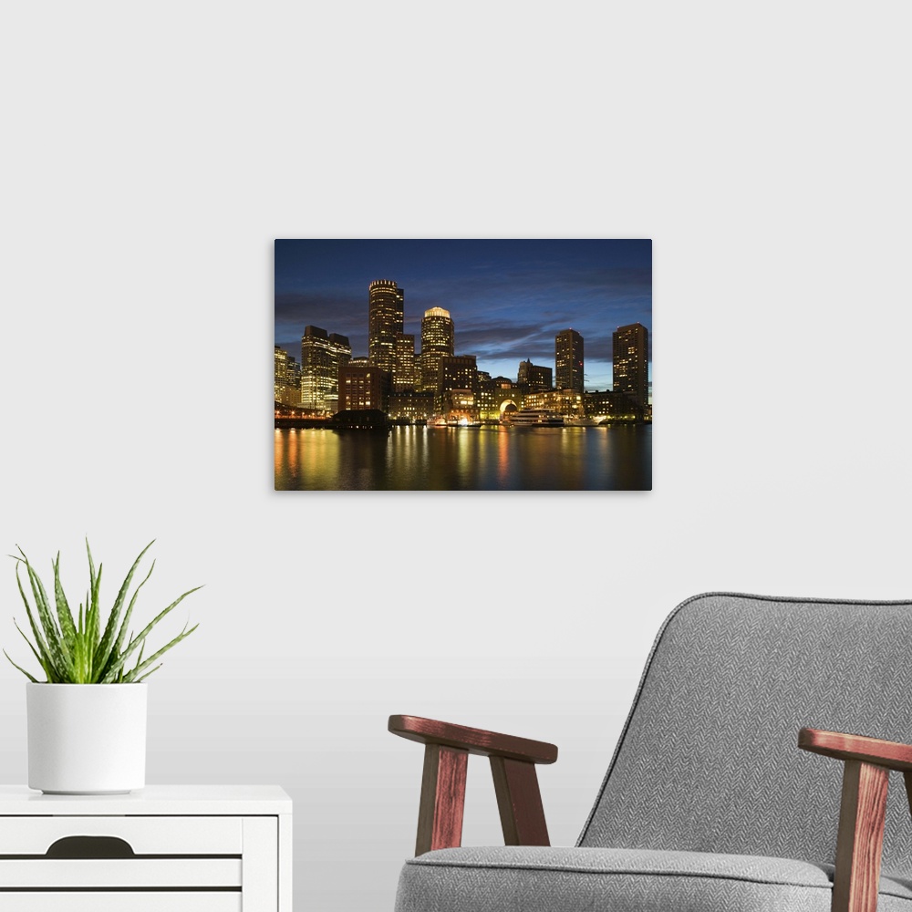A modern room featuring USA, Massachusetts, Boston, skyline, night