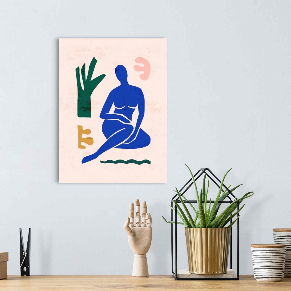 A bohemian room featuring Matisse-inspired abstract art of the female figure and organic shapes in a trendy, minimalist style.