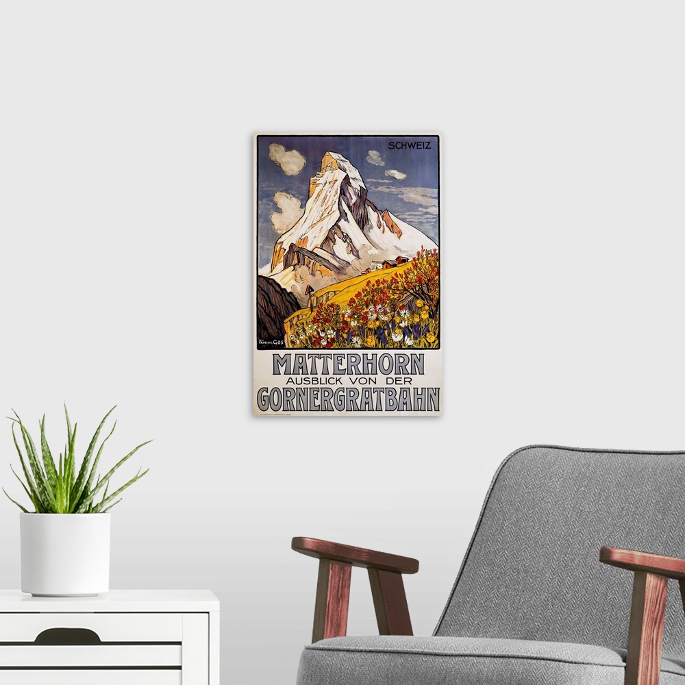A modern room featuring Matterhorn Travel Poster by Francois Gos