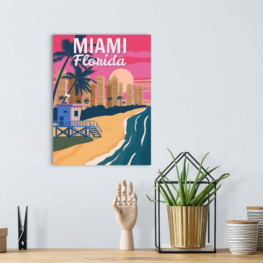 A bohemian room featuring A contemporary travel poster advertising the Florida city of Miami, in bright summery colors
