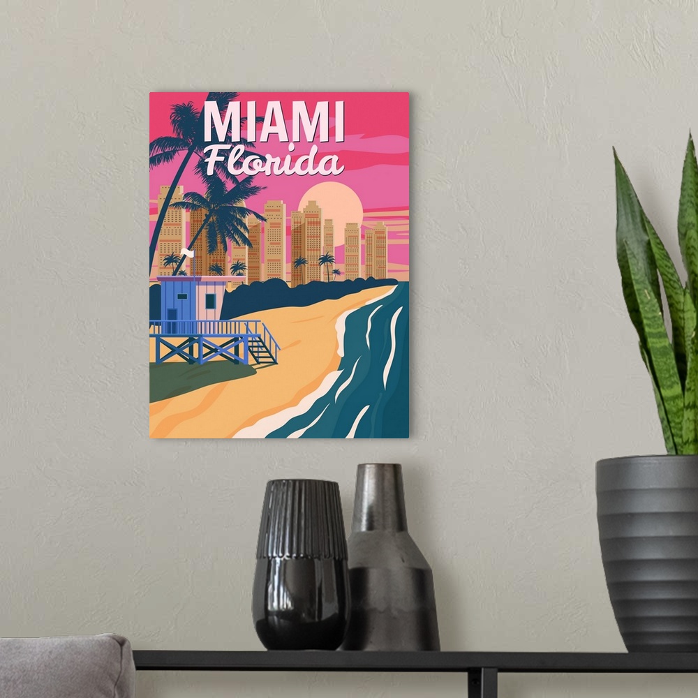 A modern room featuring A contemporary travel poster advertising the Florida city of Miami, in bright summery colors