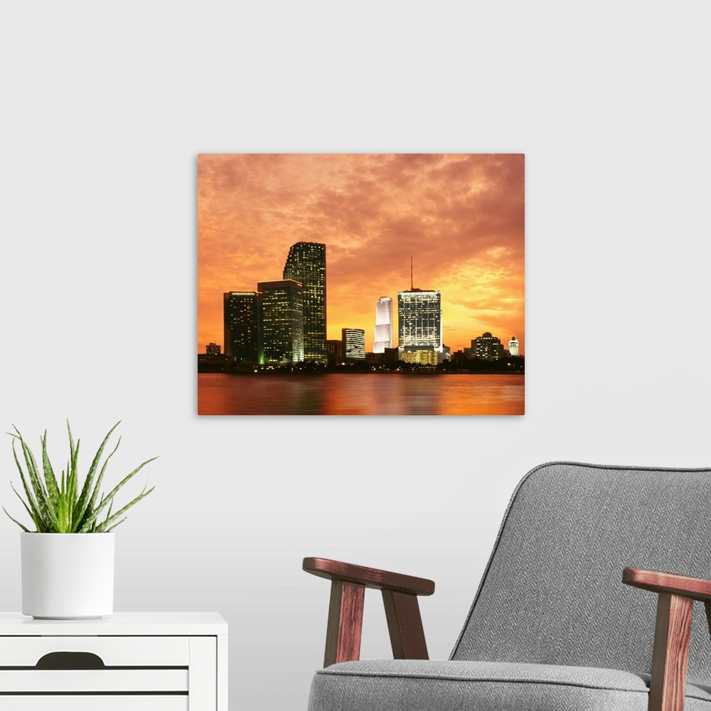 A modern room featuring Miami at sunset