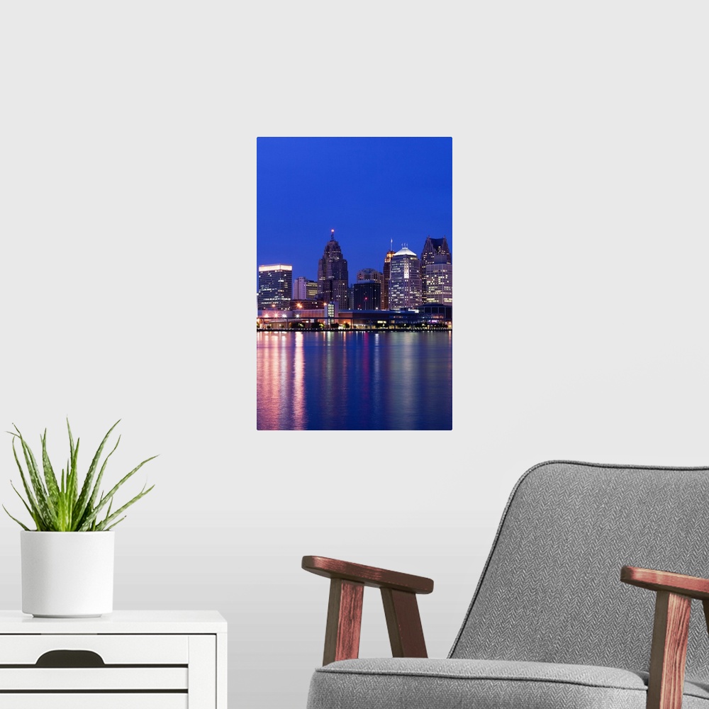 A modern room featuring USA, Michigan, Detroit, City Skyline along Detroit River from Windsor Ontario