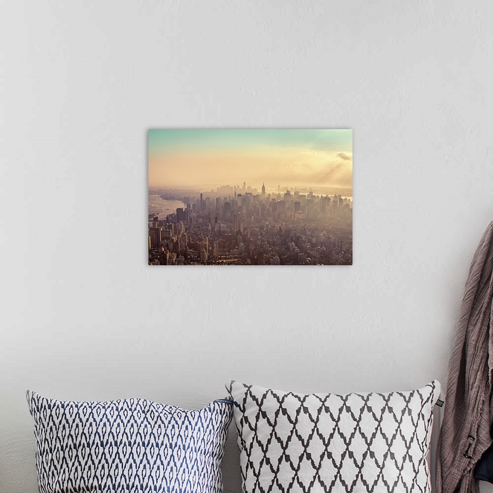 A bohemian room featuring Midtown Manhattan at dusk with Jersey City and Brooklyn in background.
