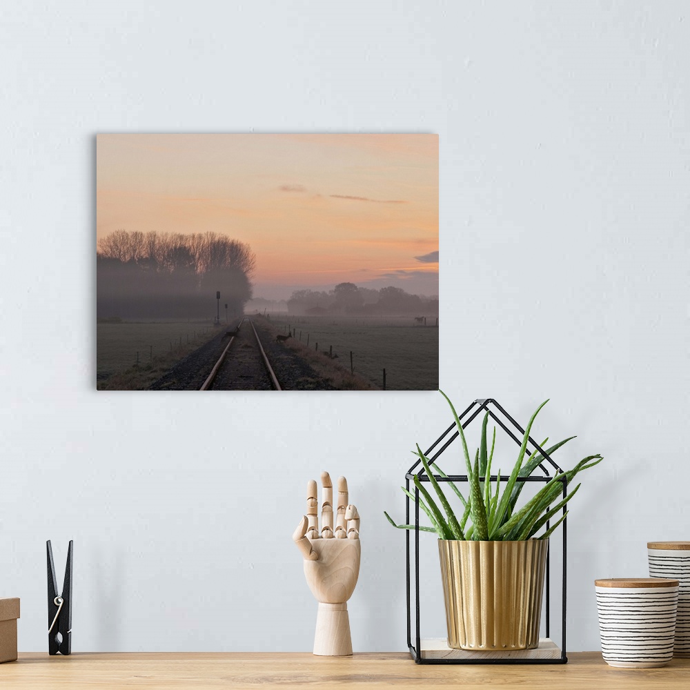 A bohemian room featuring Misty morning sunrise by single railway track with three deer crossing track and farm in distance.