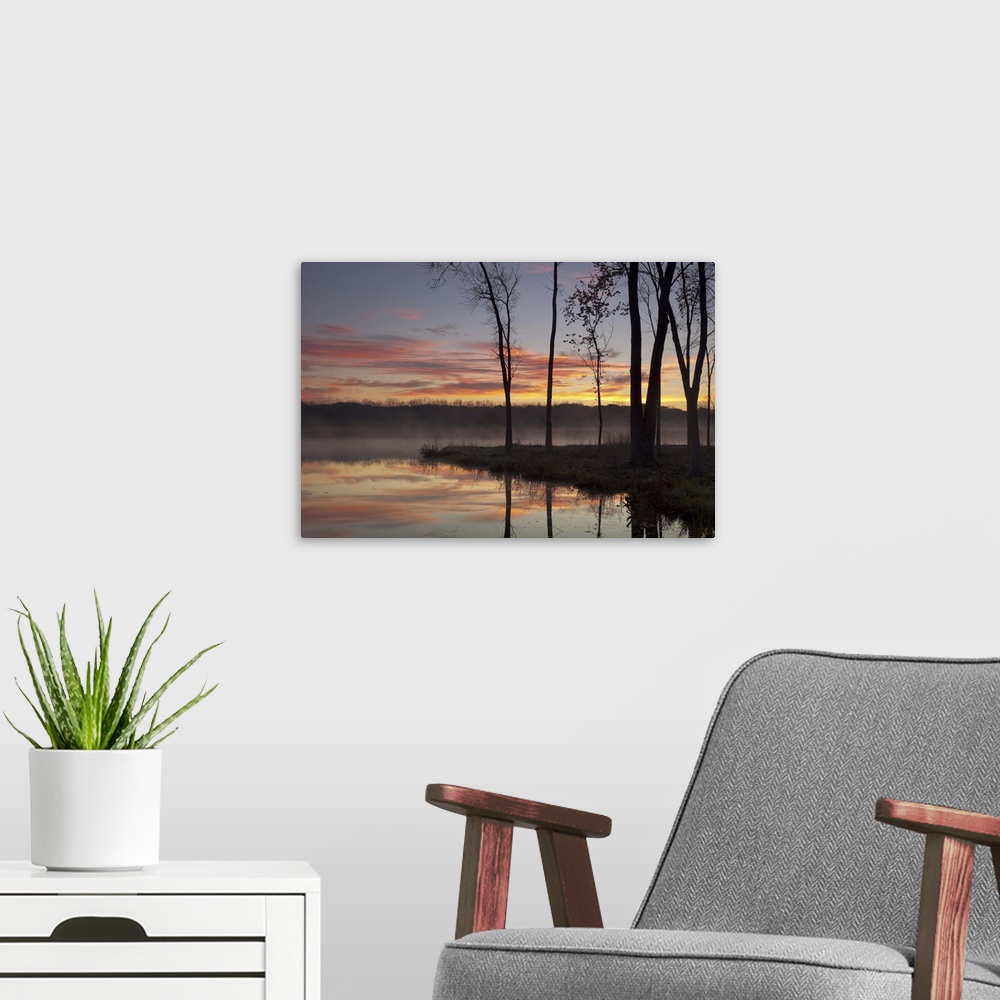 A modern room featuring Misty sunrise, pond lake County Forest Preserve District, Illinois.