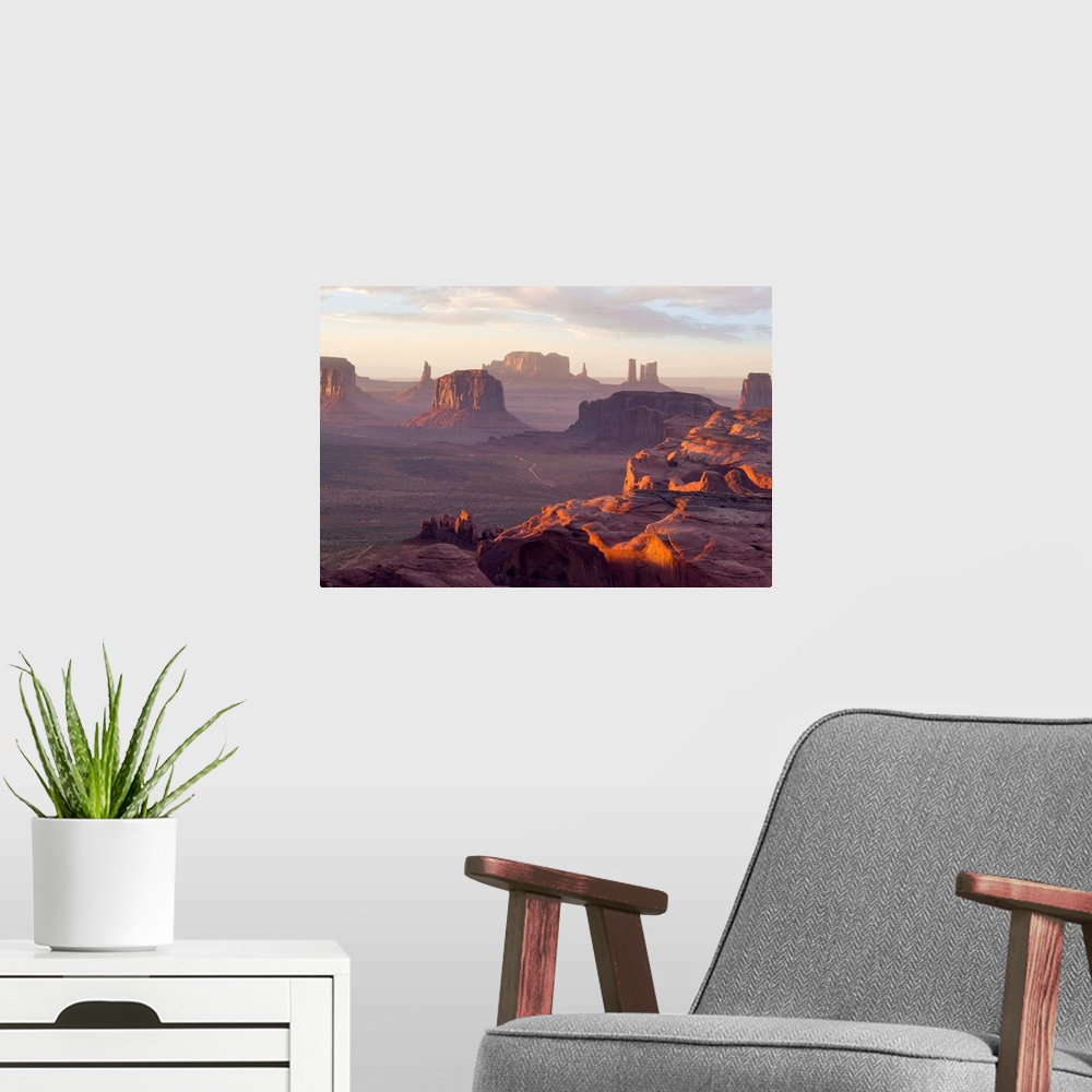 A modern room featuring USA, Monument Valley, view from the Hun's Mesa, remote and beautiful location in the canyon deser...