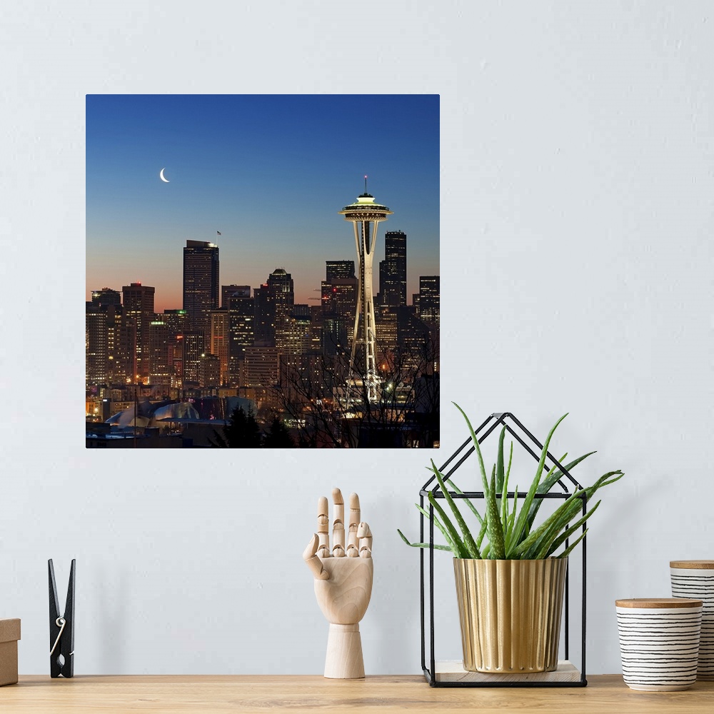 A bohemian room featuring This photograph taken at twilight shows the glowing city skyline available as square shaped wall ...