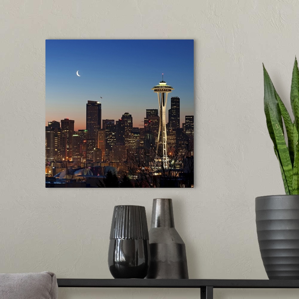 A modern room featuring This photograph taken at twilight shows the glowing city skyline available as square shaped wall ...
